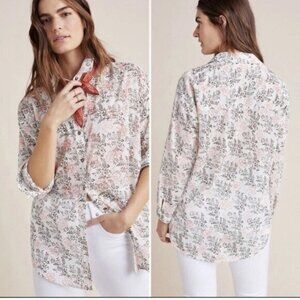 Anthropologie Womens Cream Enchanted Flora Embroidered Button Up Shirt Size M/L